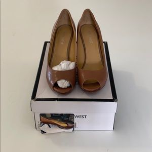 Tan peeptoe pumps